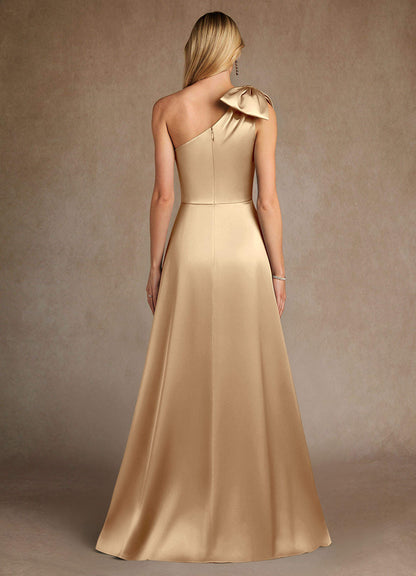 Champagne A-Line One Shoulder Stretch Satin Dress