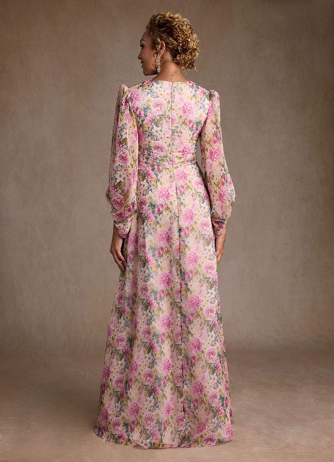 Lavender Floral A-Line Pleated Chiffon Dress