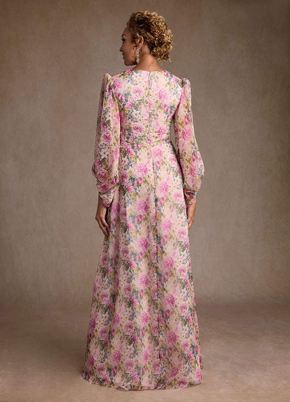 Lavender Floral A-Line Pleated Chiffon Dress