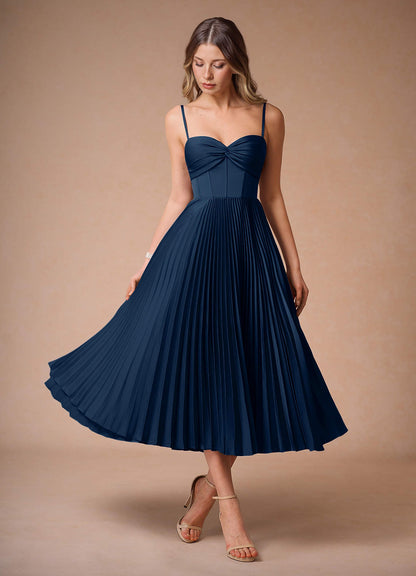 L¨¦na Navy Pleated Midi Dress