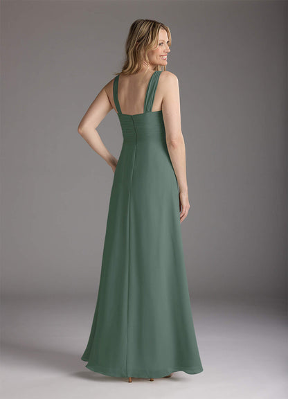 Eucalyptus A-Line Square Neckline Pleated Chiffon Dress