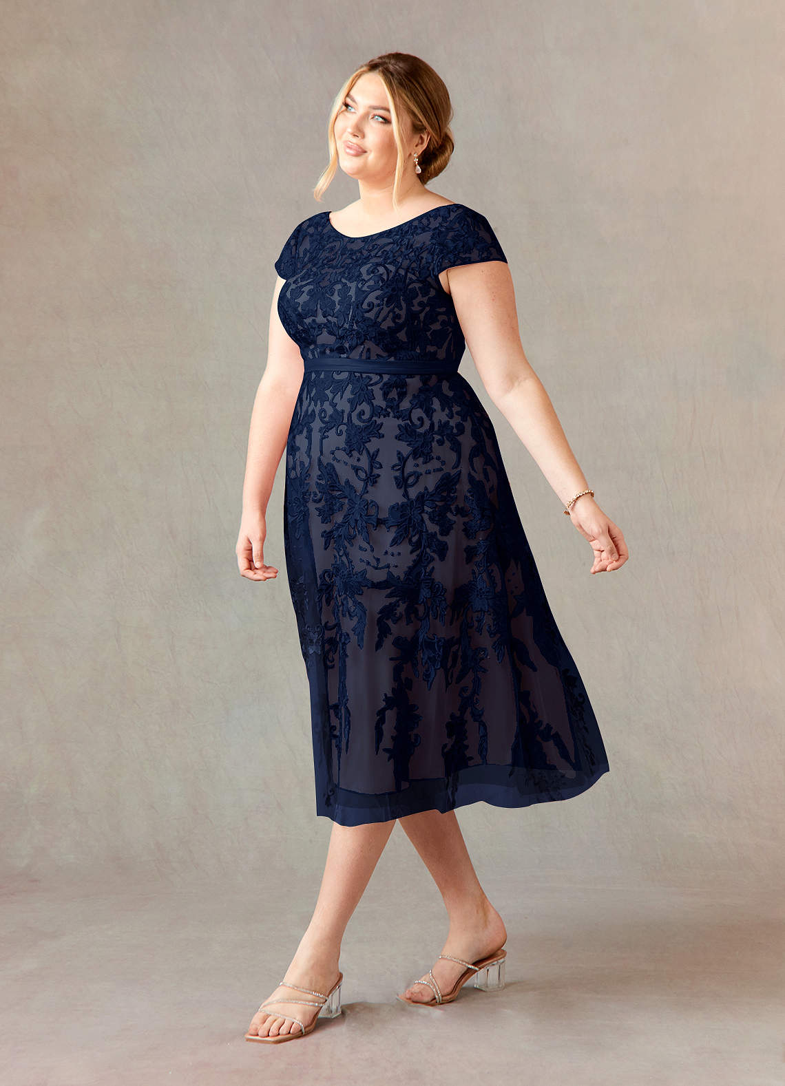 Dark Navy Champagne A-Line Scoop Lace Tulle Dress