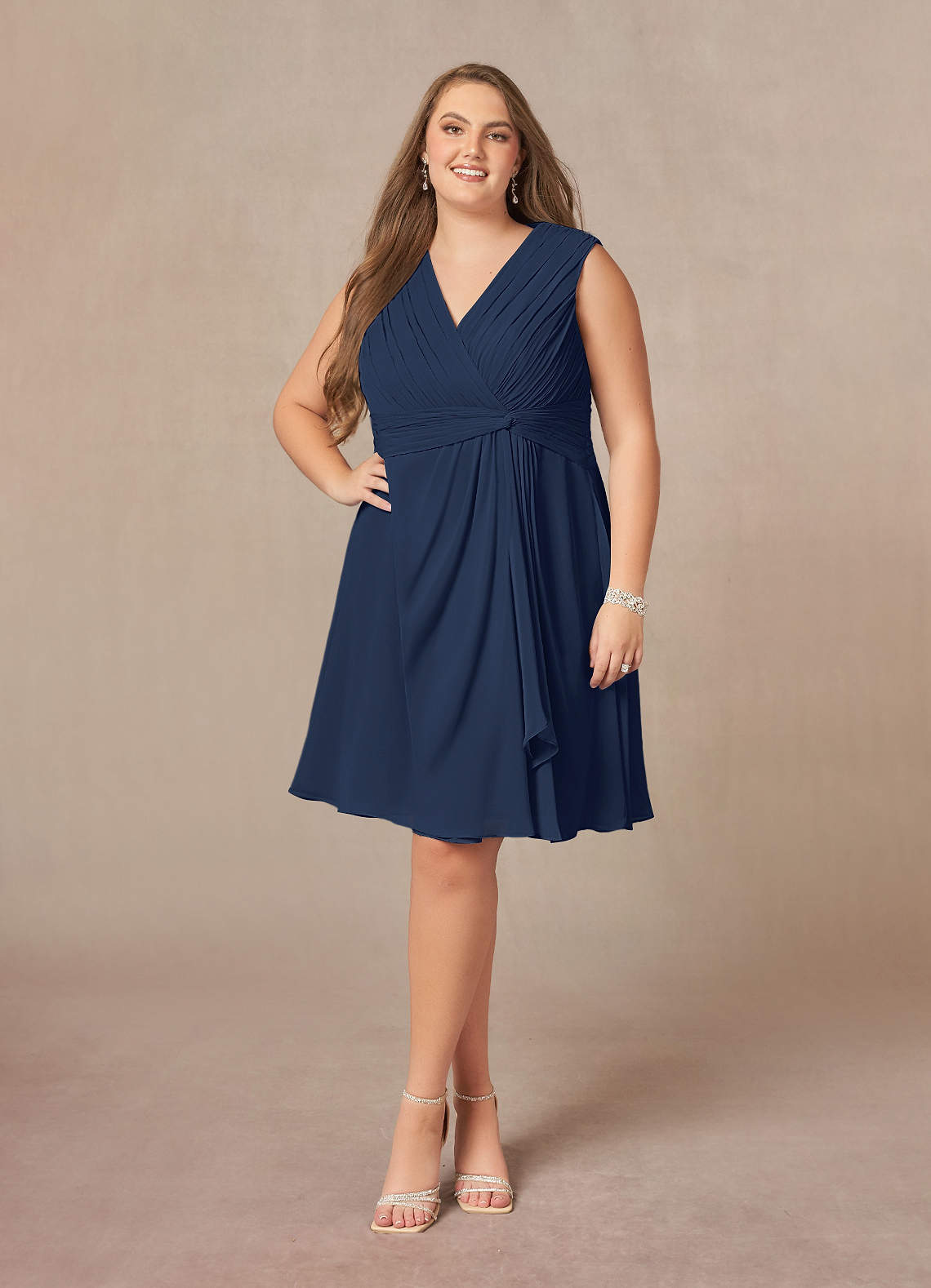 Dark Navy A-Line V-Neck Pleated Chiffon Dress
