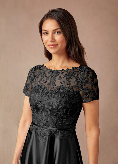 Black A-Line Lace Metallic Satin Dress