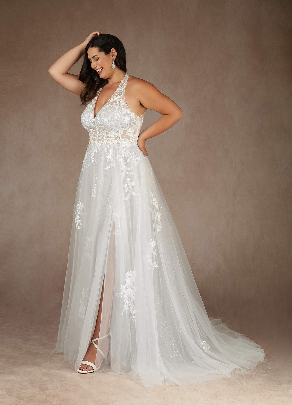 Diamond White A-Line Halter Sequins Tulle Dress