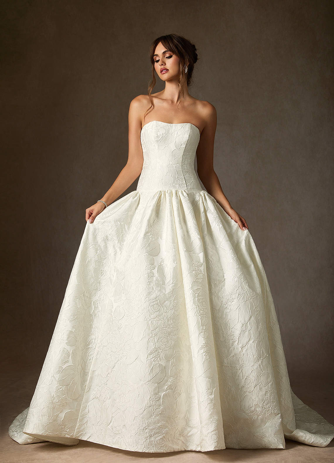 Antique White Ball-Gown Strapless Floral Jacquard Dress