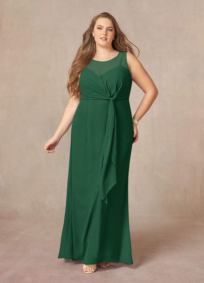 Dark Green A-Line Scoop Pleated Chiffon Dress