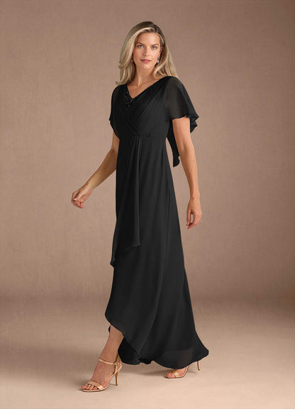 Black A-Line V-Neck Pleated Chiffon Dress