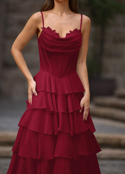 Floralace Merlot Ruffled A-Line Prom Dress