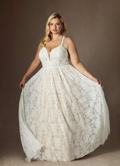 Diamond White Champagne A-Line Lace Dress