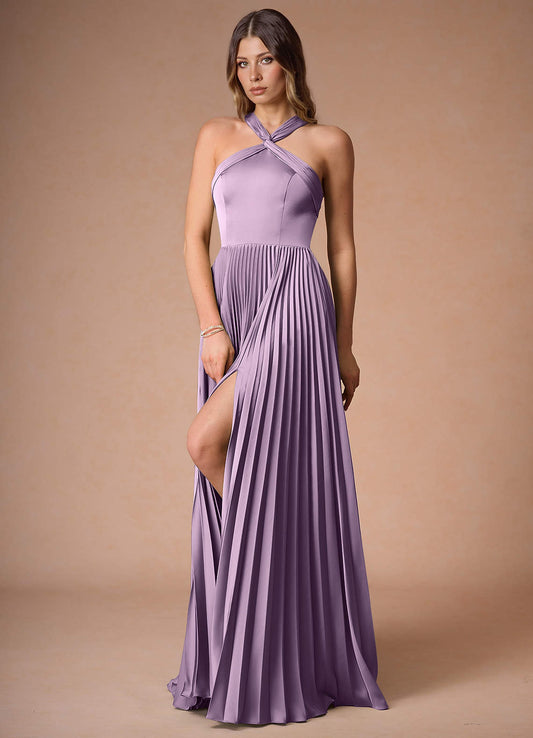 Afra Frosted Lilac A-Line Pleated Stretch Satin Dress