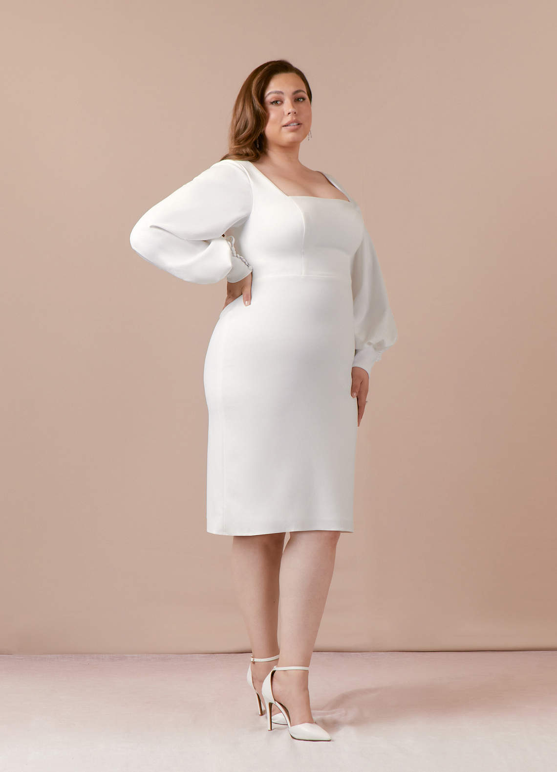 Diamond White Sheath Square Neckline Stretch Crepe Dress