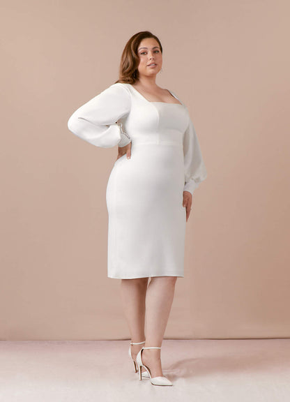 Diamond White Sheath Square Neckline Stretch Crepe Dress