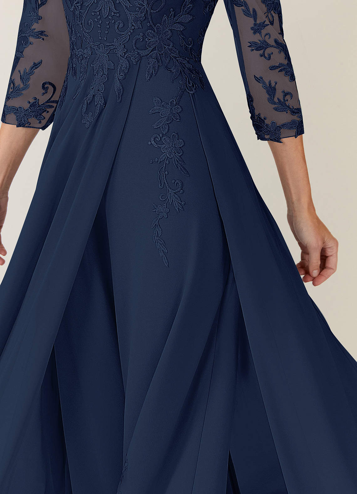 Dark Navy A-Line V-Neck Lace Chiffon Dress
