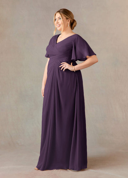 Plum A-Line V-Neck Ruched Chiffon Dress