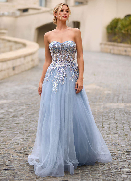 Celeste Dusty Blue Rhinestone Sheer Lace Prom Dress  Dress