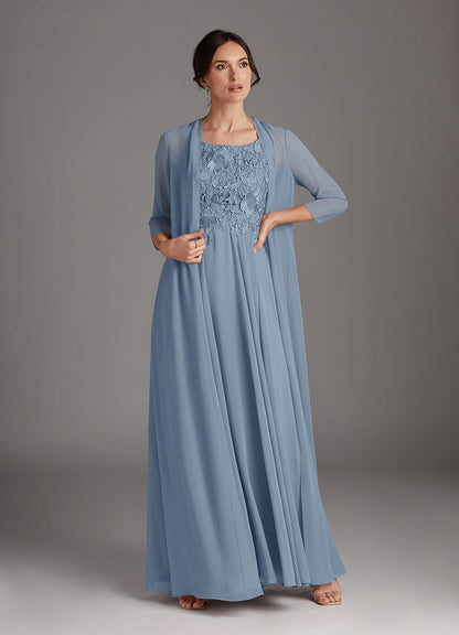 Dusty Blue A-Line Scoop lace Chiffon Dress
