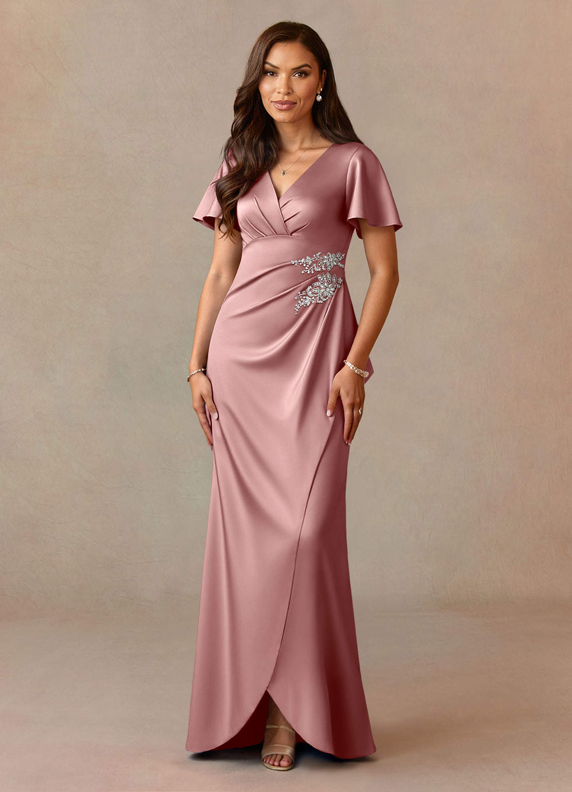 Dusty Rose A-Line Pleated Stretch Satin Dress