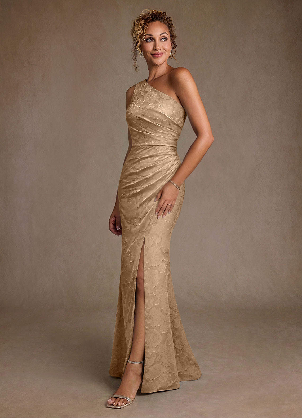 Champagne Trumpet One Shoulder Floral Burnout Dress