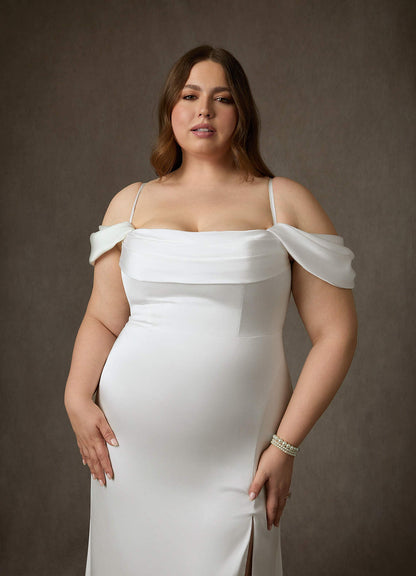 Diamond White Sheath Side Slit Stretch Satin Dress