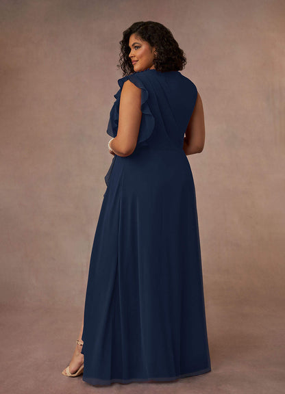 Dark Navy A-Line High Neckline Pleated Chiffon Dress