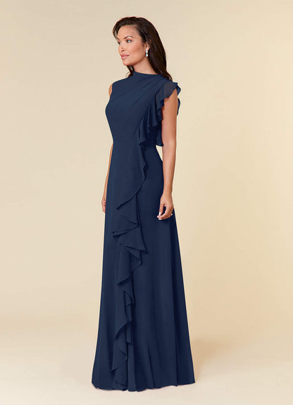 Dark Navy A-Line High Neckline Pleated Chiffon Dress