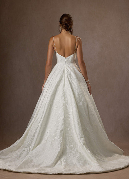 Antique White Ball-Gown with Pockets Floral Jacquard Dress