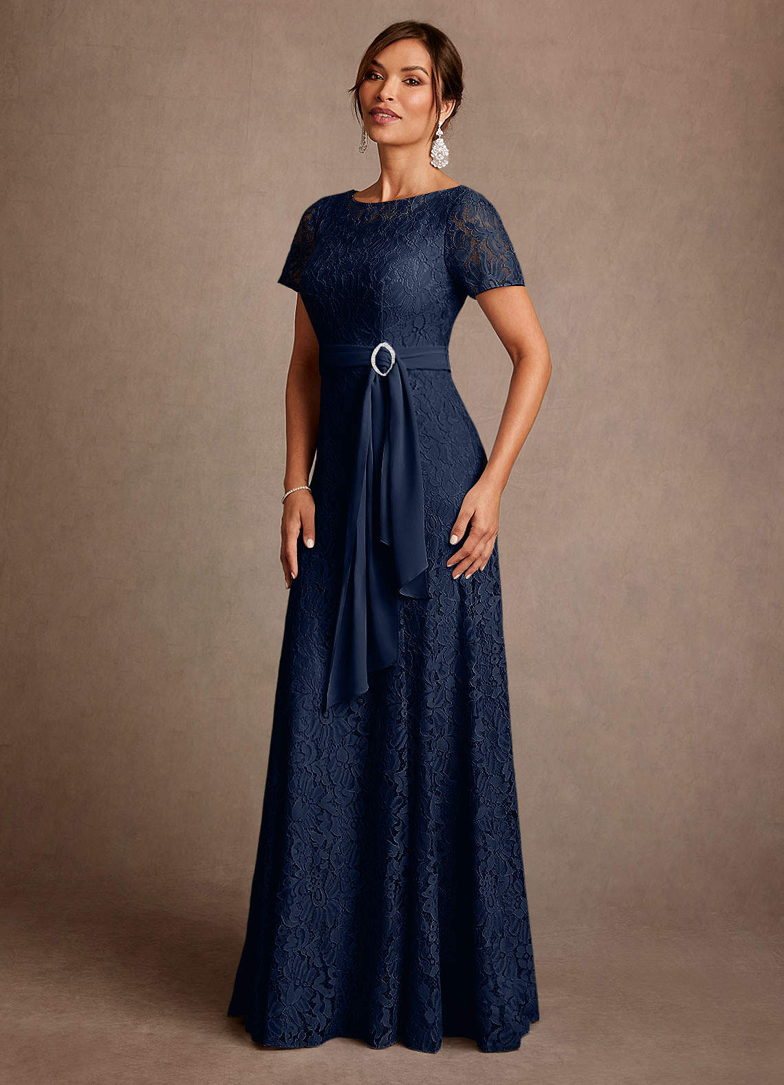 Dark Navy A-Line Lace Chiffon Dress