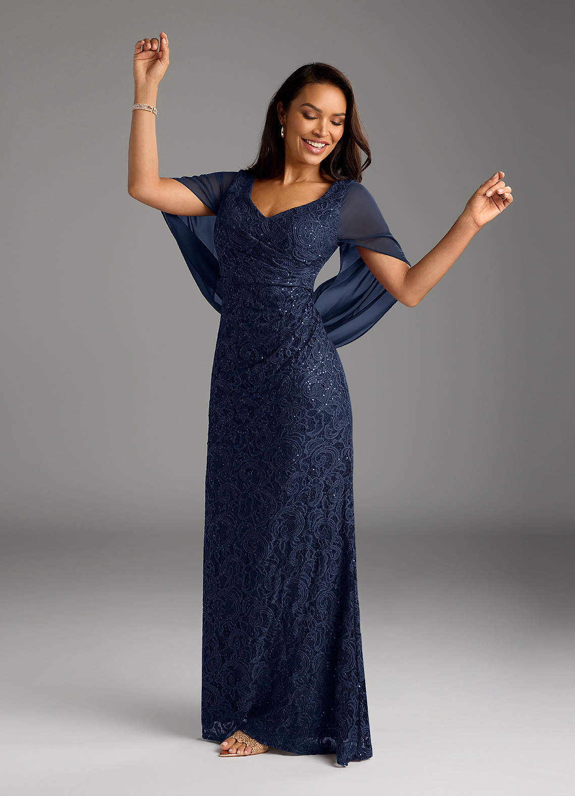 Dark Navy Mermaid V-Neck Sequins Chiffon Dress