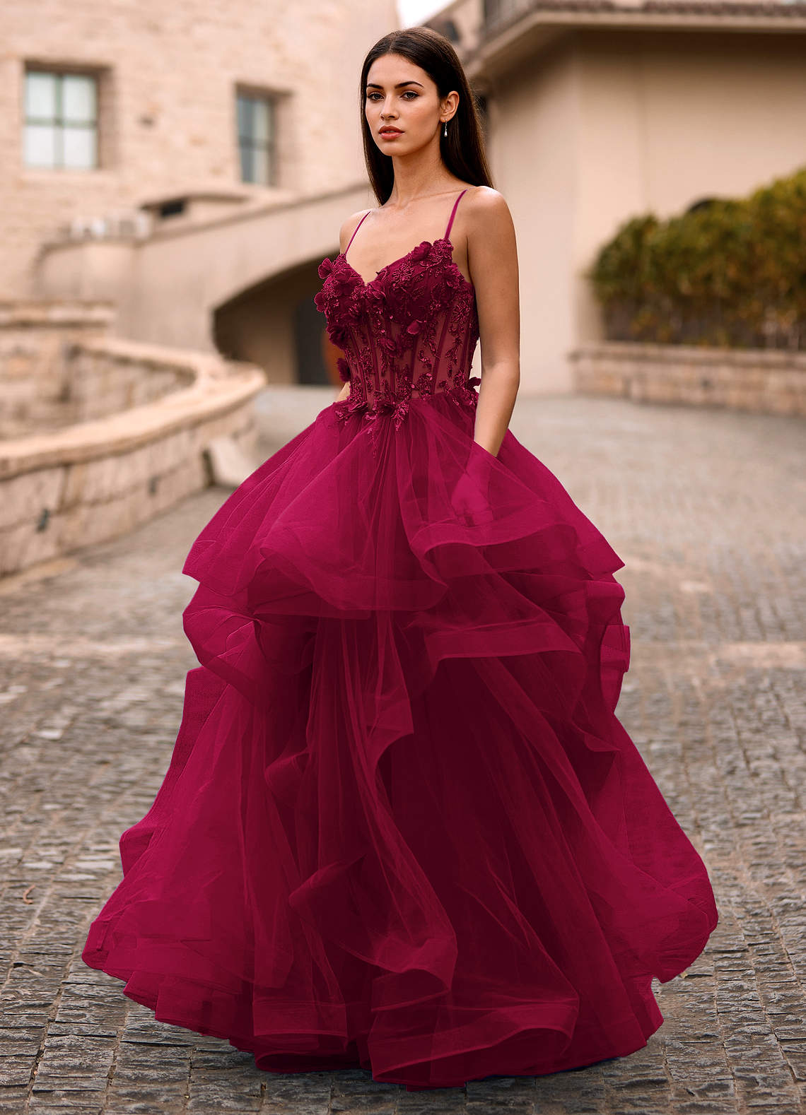 Dreama Burgundy Lace Corset Ruffle Prom Dress  Dress