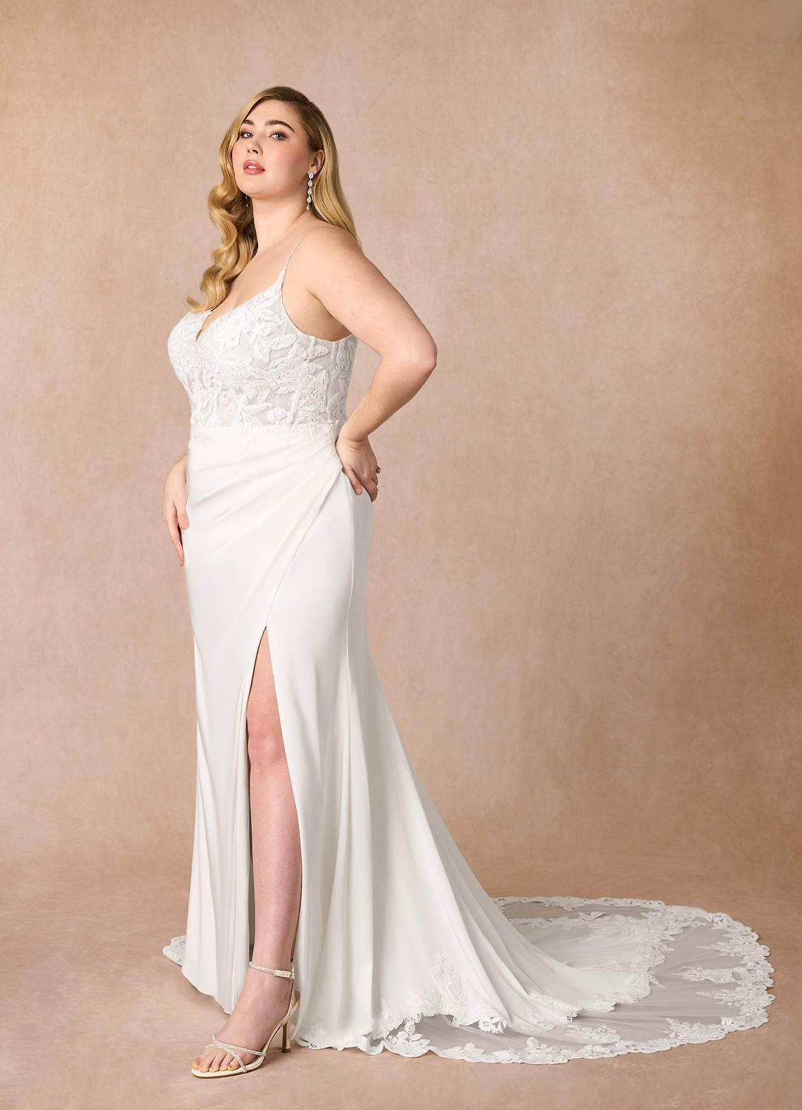 Diamond White Mermaid V-Neck lace Crepe Back Satin Dress
