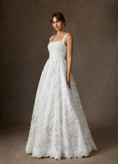 Diamond White Ball-Gown Square Neckline Lace Dress