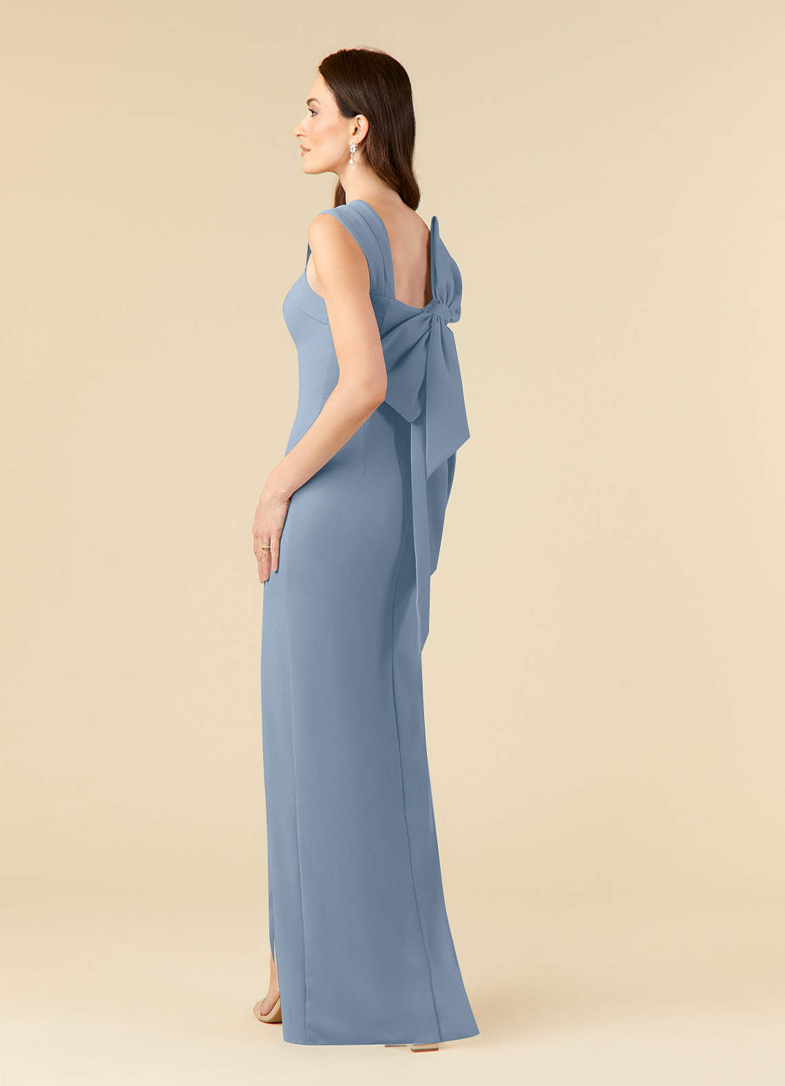 Dusty Blue Sheath Side Slit Stretch Crepe Dress