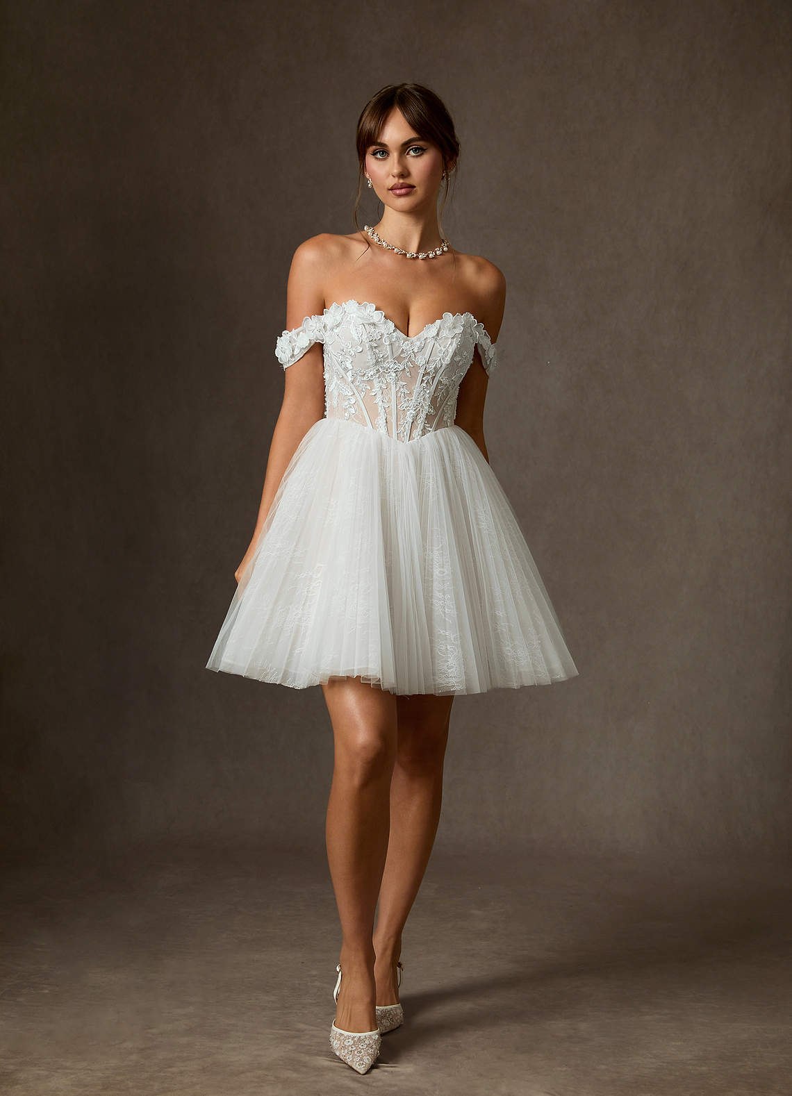 Diamond White Ball-Gown Off the Shoulder Lace Dress
