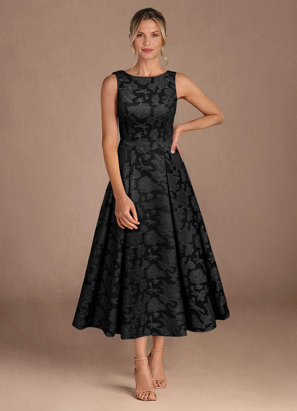 Black A-Line Pleated Floral Burnout Dress