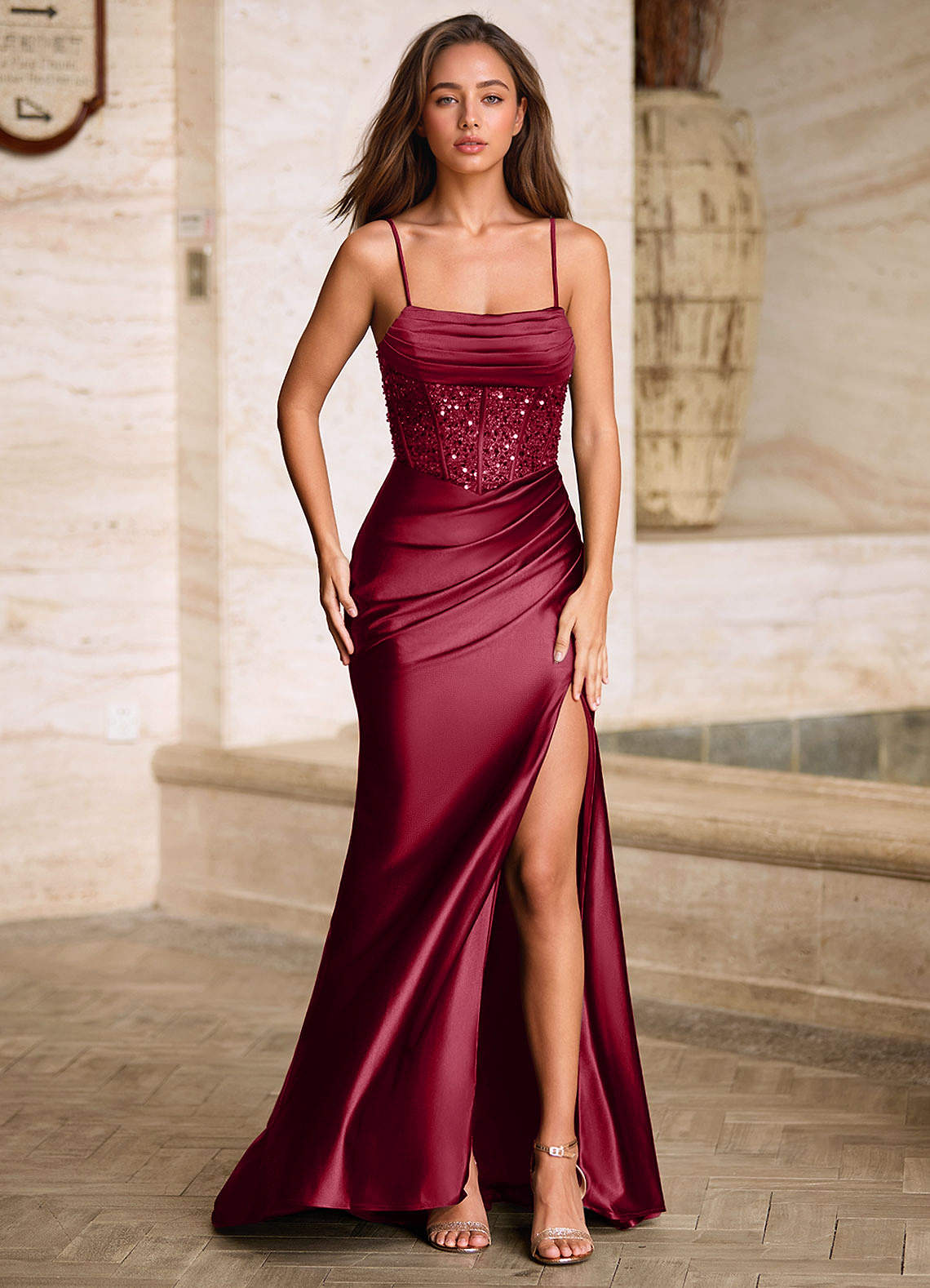Starlit Burgundy Cowl Neck Prom Dress  Dress