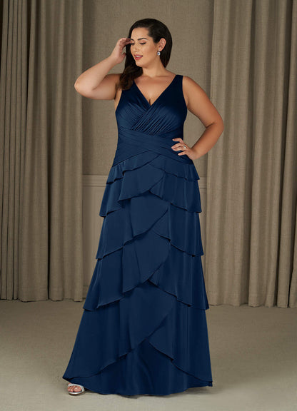 Dark Navy A-Line Pleated Stretch Satin Dress