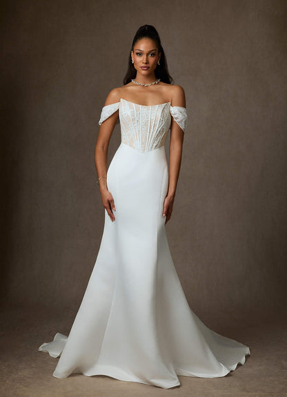 Diamond White Champagne Mermaid Off the Shoulder Satin Dress