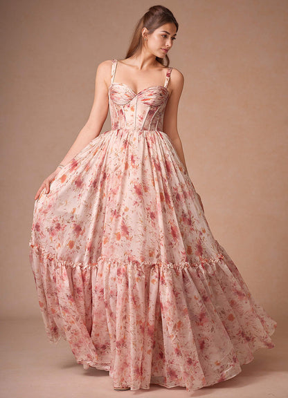 Halame Apricot Multi Sleeveless Floral A-Line Prom Dress