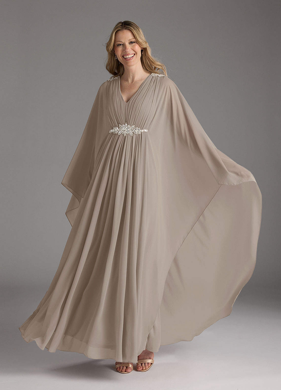Taupe A-Line Pleated Chiffon Dress