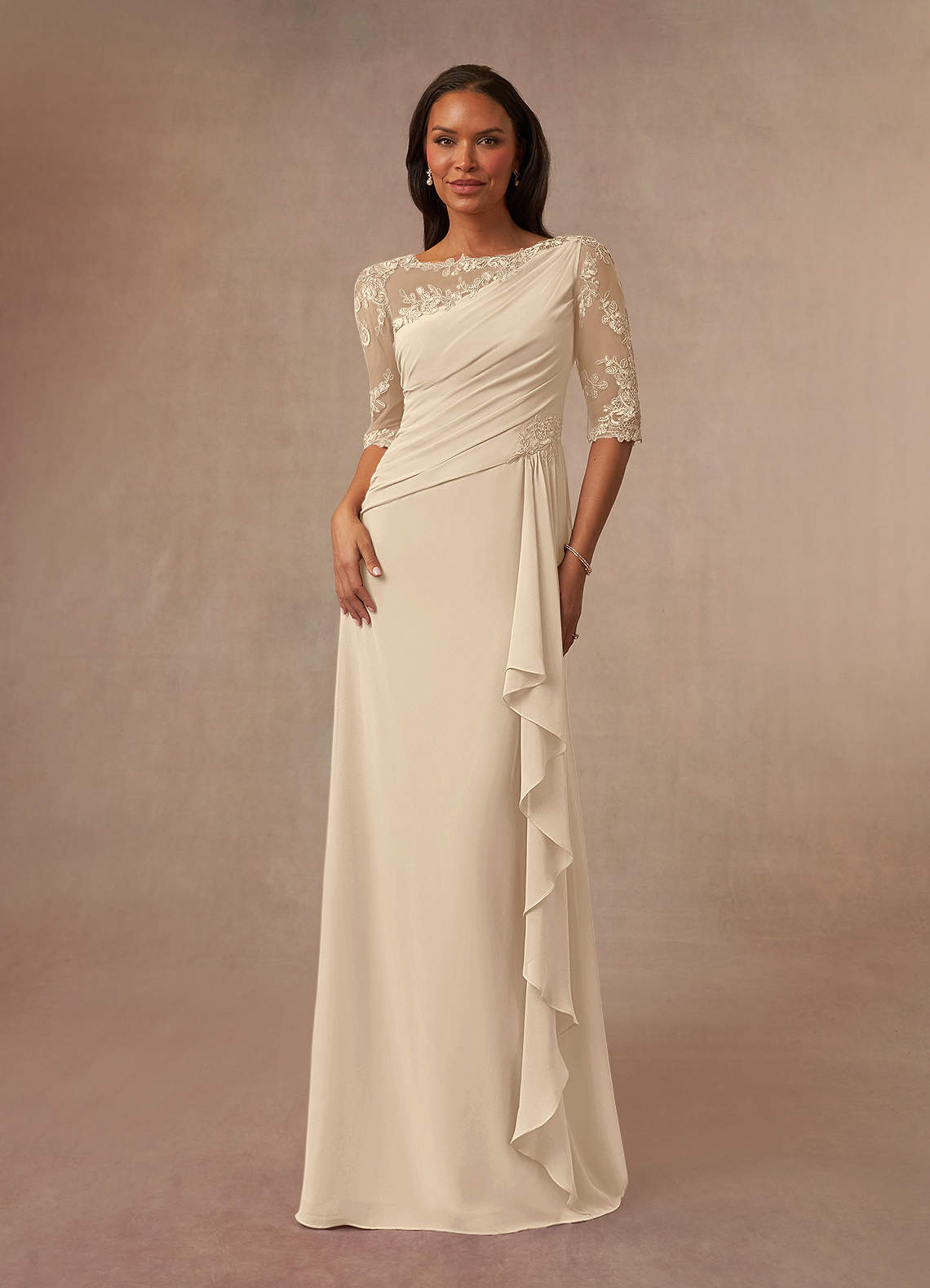 Champagne A-Line Boatneck Lace Chiffon Dress