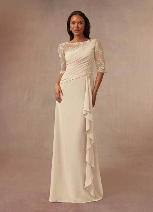 Champagne A-Line Boatneck Lace Chiffon Dress