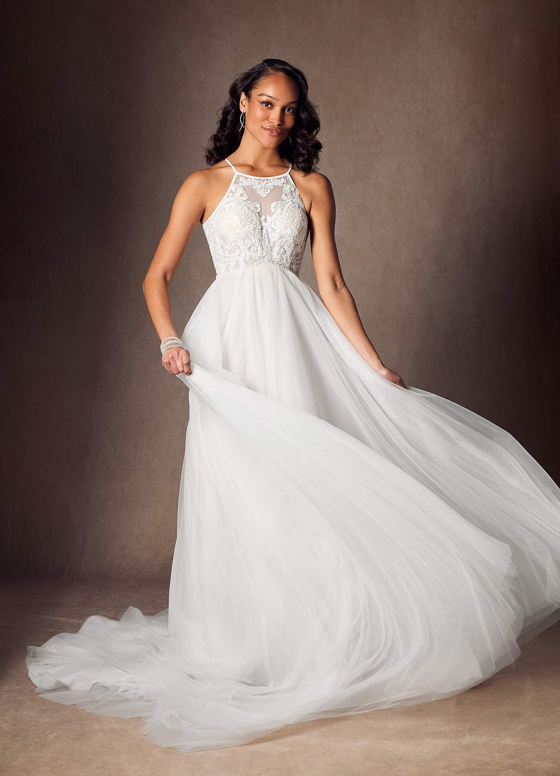 Diamond White A-Line Halter Sequins Tulle Dress