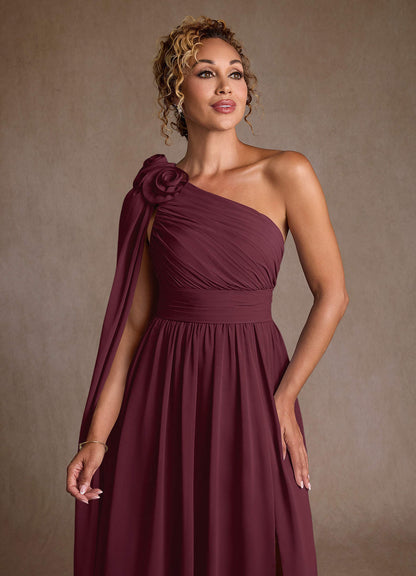 Cabernet A-Line One Shoulder Chiffon Dress