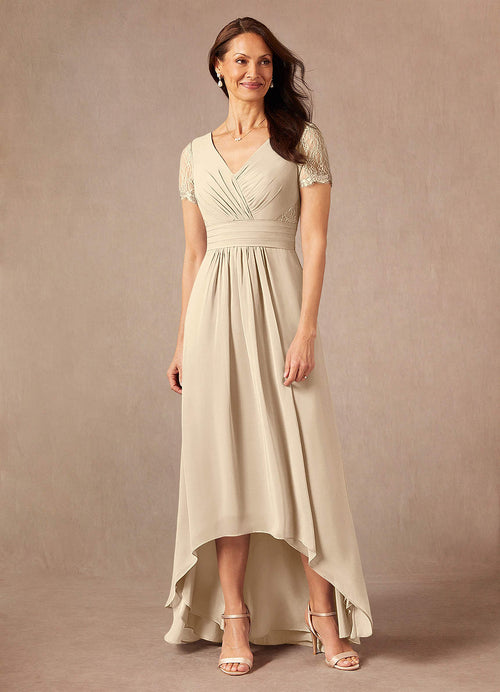 Champagne A-Line Lace Chiffon Dress