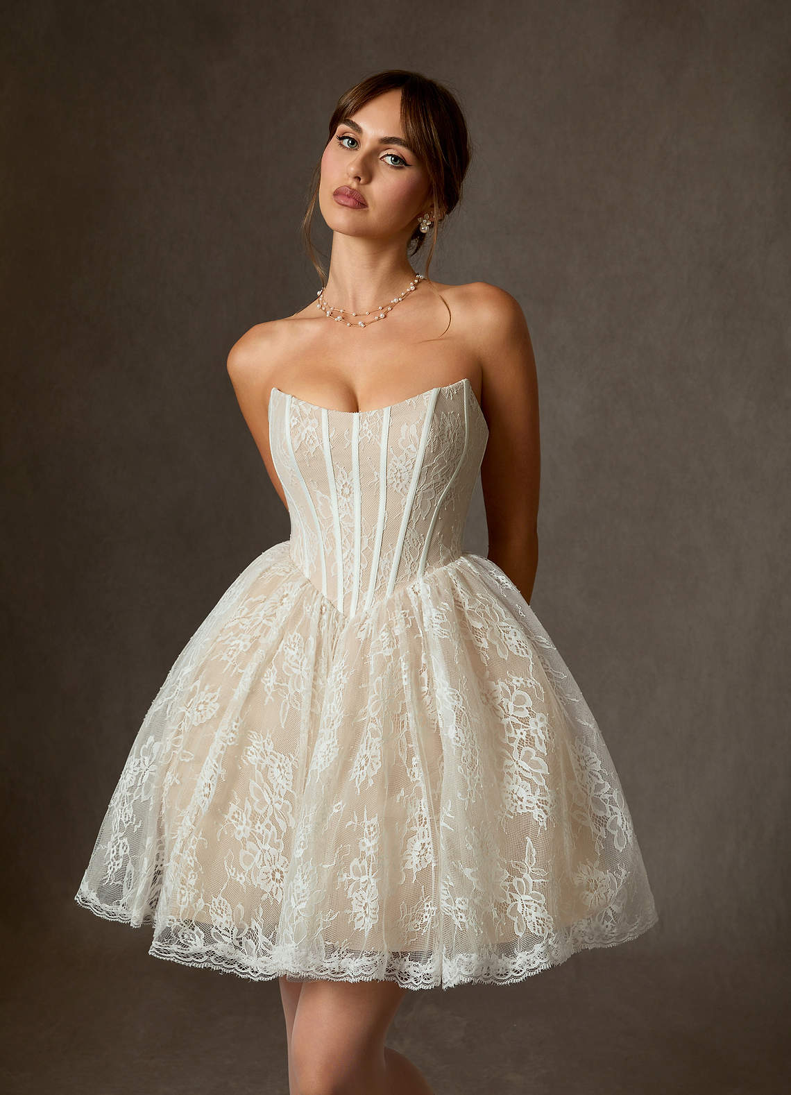Diamond White Champagne Ball-Gown Strapless Lace Dress