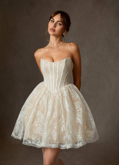 Diamond White Champagne Ball-Gown Strapless Lace Dress