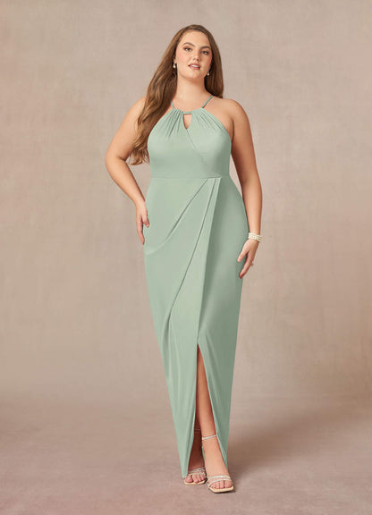 Dusty Sage Sheath Pleated Mesh Dress