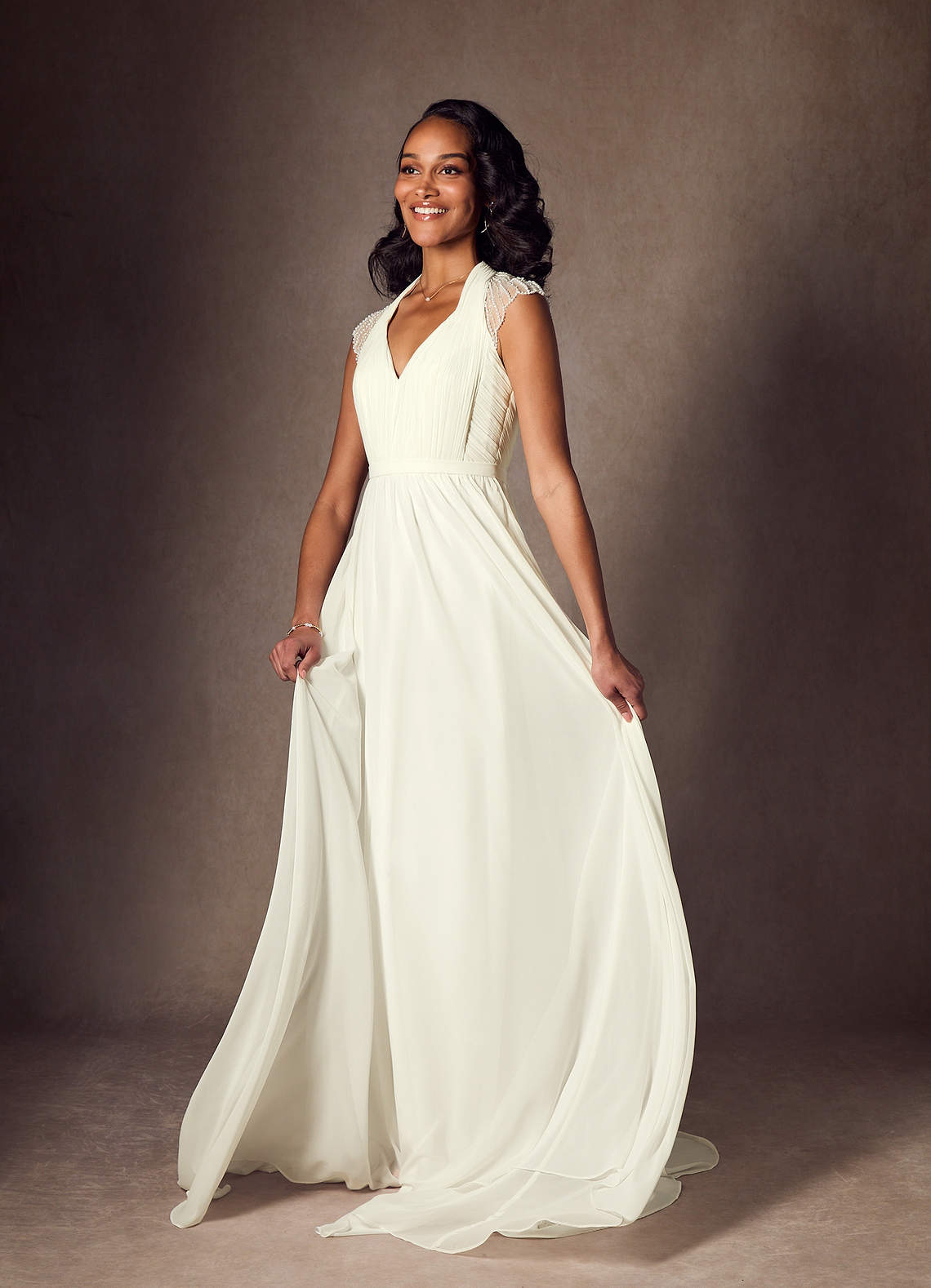 Cream A-Line Pleated Chiffon Dress