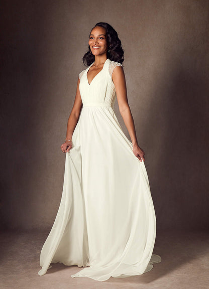 Cream A-Line Pleated Chiffon Dress